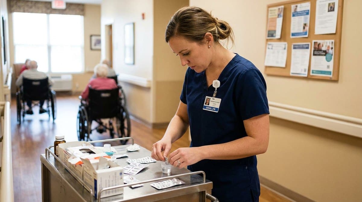 Licensed practical nurse working at a med cart